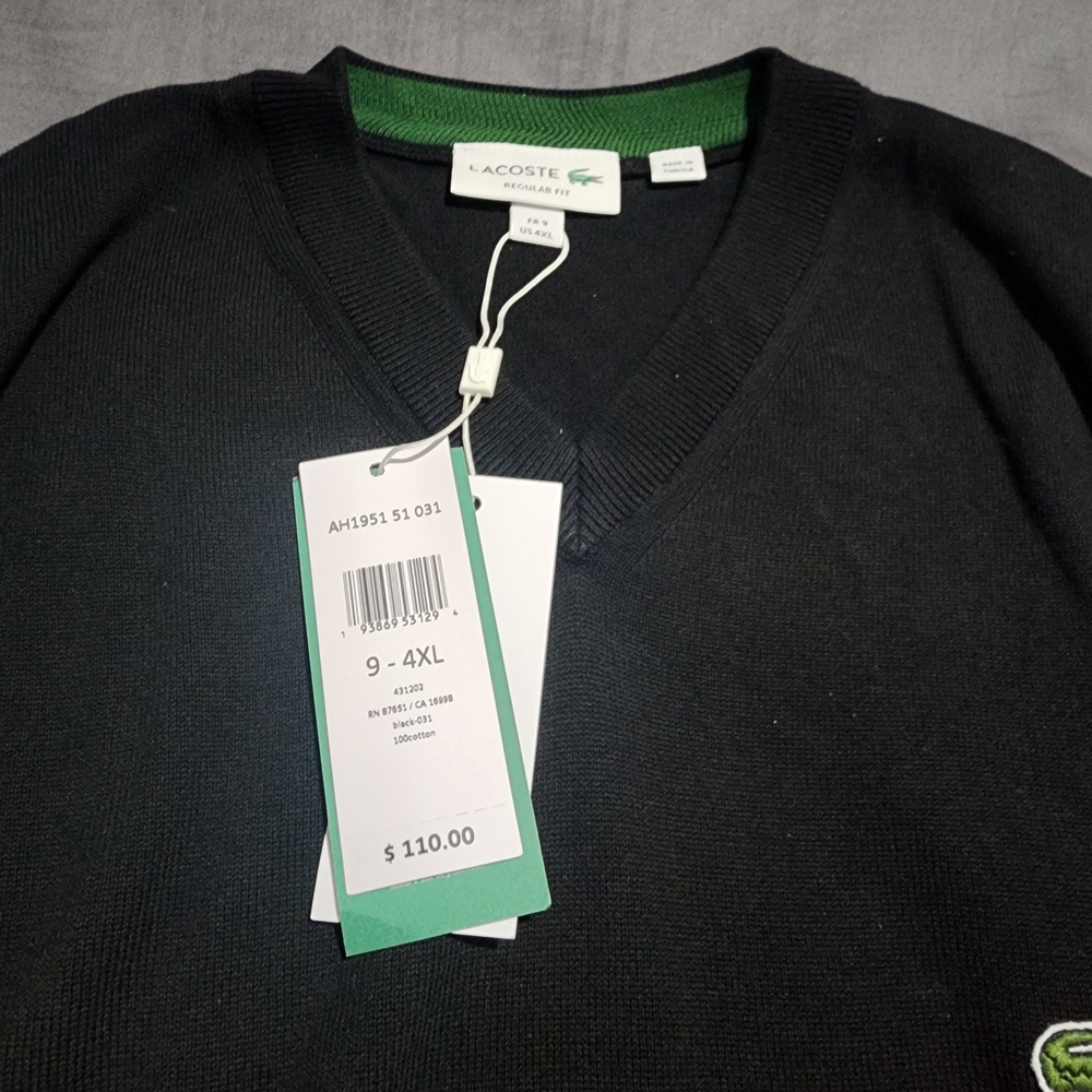 Lacoste Men's V-Neck Sweater in Black with Green Trim